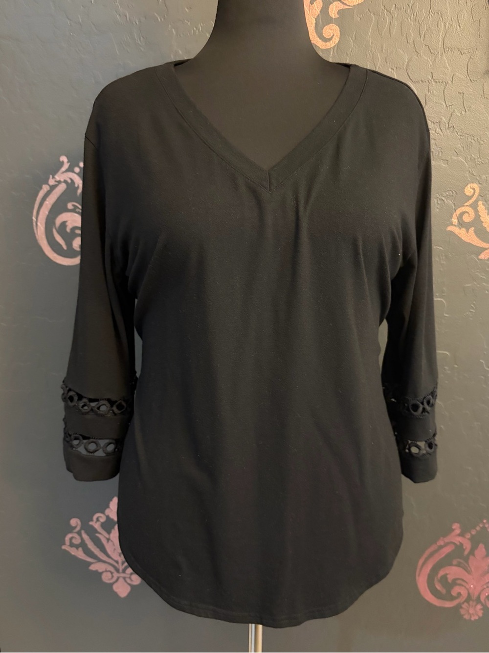 Black V-Neck 3/4 Sleeve Top with Cutout Detail